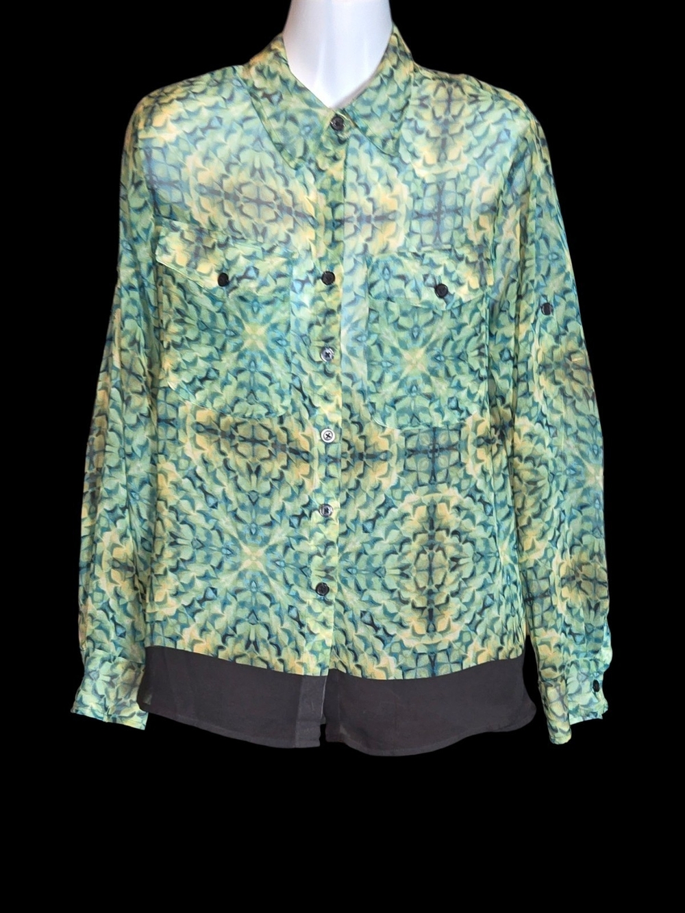Ellen Tracy Teal and Yellow Kaleidoscope Button-Down Shirt